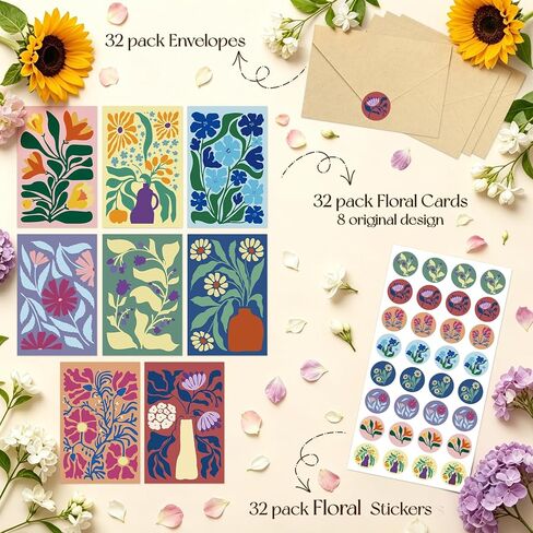 Miucat 32 Pack Floral Blank Cards with Envelopes, Flower Greeting Cards Set Boxed, 8 Designs Note Cards for Thank You, Graduation, Birthday, Wedding, All Occasions in Kuwait