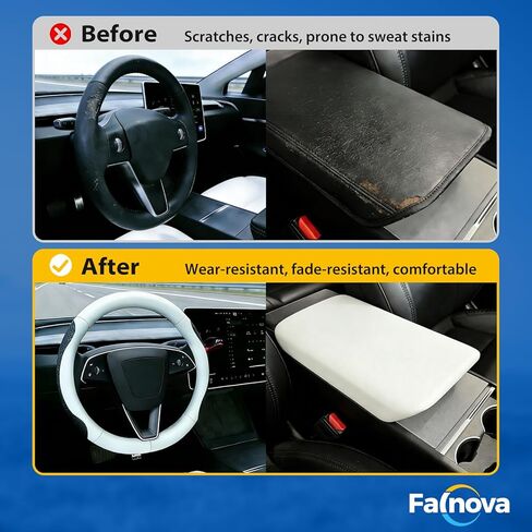 Steering Wheel Cover and Armrest Cover for Tesla Model Y 2025/2026 & Model 3 2024/2025/2026, Ultra-Thin 2mm Nappa Leather, Non-Slip Grip, Screen Edge & Mirror Covers（White） in Kuwait