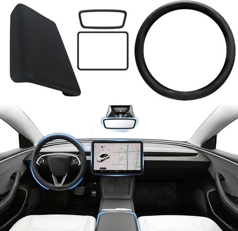 Steering Wheel Cover and Armrest Cover for Tesla Model Y 2025/2026 & Model 3 2024/2025/2026, Ultra-Thin 2mm Nappa Leather, Non-Slip Grip, Screen Edge & Mirror Covers（White） in Kuwait