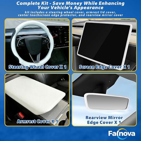 Steering Wheel Cover and Armrest Cover for Tesla Model Y 2025/2026 & Model 3 2024/2025/2026, Ultra-Thin 2mm Nappa Leather, Non-Slip Grip, Screen Edge & Mirror Covers（White） in Kuwait