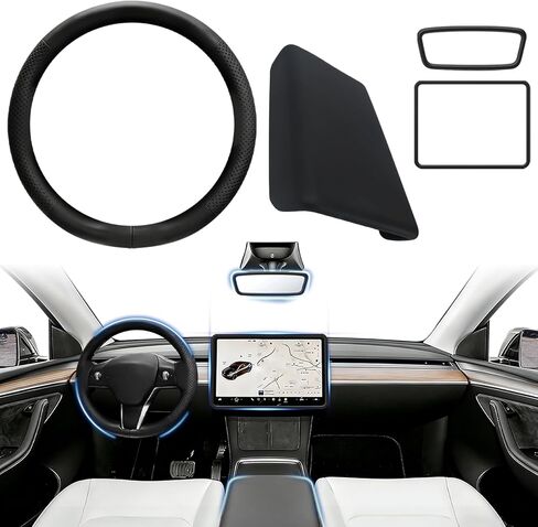 Steering Wheel Cover and Armrest Cover for Tesla Model Y 2025/2026 & Model 3 2024/2025/2026, Ultra-Thin 2mm Nappa Leather, Non-Slip Grip, Screen Edge & Mirror Covers（White） in Kuwait