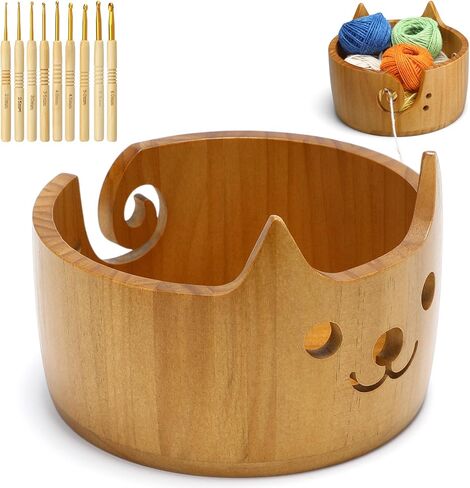 Giegxin Wooden Cat Yarn Bowl Large Polished Crochet Bowl with 9 Pcs Crochet Hook Pine Wool Yarn Holder for Knitting Accessories 7.5 x 5 Inch for Knitting and Crocheting Gift(Light Brown) in Kuwait