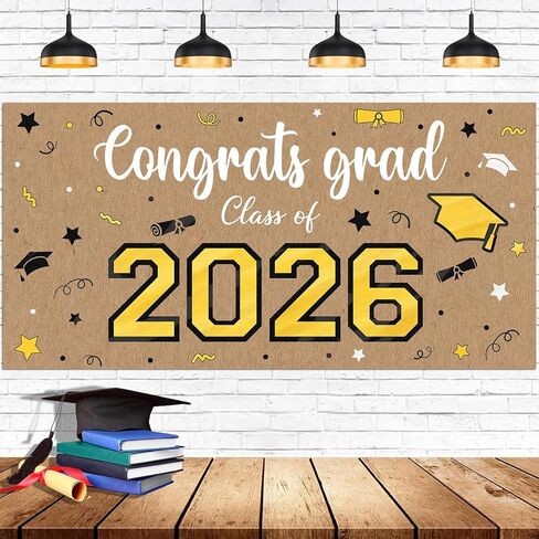 Feifeiya Kraft Paper Graduation Banner, 62" x 31" Large Congratulations Graduate Party Decorations Background Class of 2026 Black and Gold Grad Banner Backdrop for Photography in Kuwait