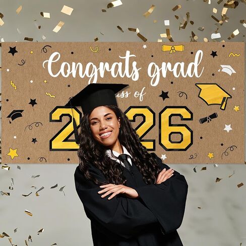 Feifeiya Kraft Paper Graduation Banner, 62" x 31" Large Congratulations Graduate Party Decorations Background Class of 2026 Black and Gold Grad Banner Backdrop for Photography in Kuwait