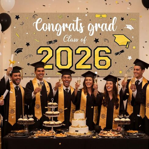 Feifeiya Kraft Paper Graduation Banner, 62" x 31" Large Congratulations Graduate Party Decorations Background Class of 2026 Black and Gold Grad Banner Backdrop for Photography in Kuwait