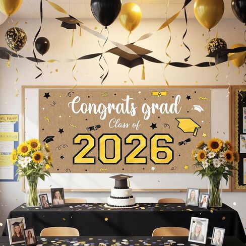 Feifeiya Kraft Paper Graduation Banner, 62" x 31" Large Congratulations Graduate Party Decorations Background Class of 2026 Black and Gold Grad Banner Backdrop for Photography in Kuwait