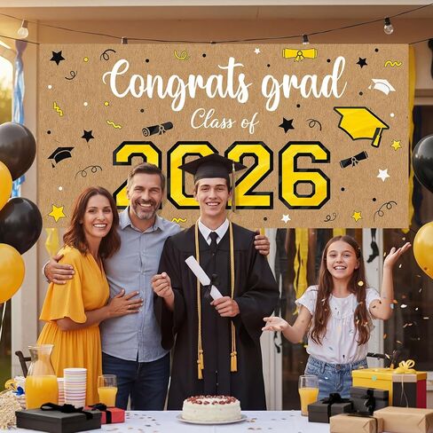 Feifeiya Kraft Paper Graduation Banner, 62" x 31" Large Congratulations Graduate Party Decorations Background Class of 2026 Black and Gold Grad Banner Backdrop for Photography in Kuwait