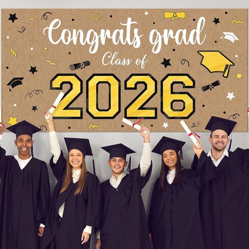 Feifeiya Kraft Paper Graduation Banner, 62" x 31" Large Congratulations Graduate Party Decorations Background Class of 2026 Black and Gold Grad Banner Backdrop for Photography in Kuwait