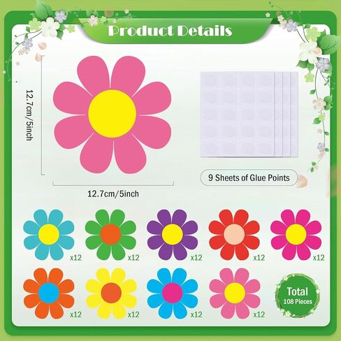 MoDooris 108 PCS Flower Cutouts for Bulletin Board Decoration 5 Inch Paper Floral Cut-Outs Double-Sided Flower Die Cuts Colorful Classroom Decor with Glue Points for Spring Summer Back to School in Saudi Arabia