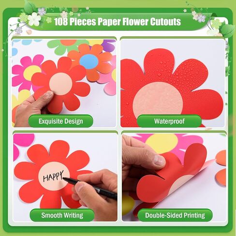MoDooris 108 PCS Flower Cutouts for Bulletin Board Decoration 5 Inch Paper Floral Cut-Outs Double-Sided Flower Die Cuts Colorful Classroom Decor with Glue Points for Spring Summer Back to School in Saudi Arabia
