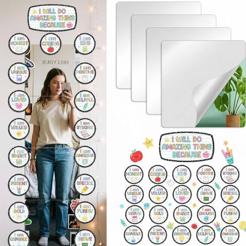 Yerliker Classroom Affirmation Station Set, 4 Pcs 8 "x 8" Self Adhesive Acrylic Mirrors Sticker Mirrors for Wall, 21 Pcs Positive Affirmation Cutouts for Classroom, Home Bulletin Board Posters Decor in Kuwait
