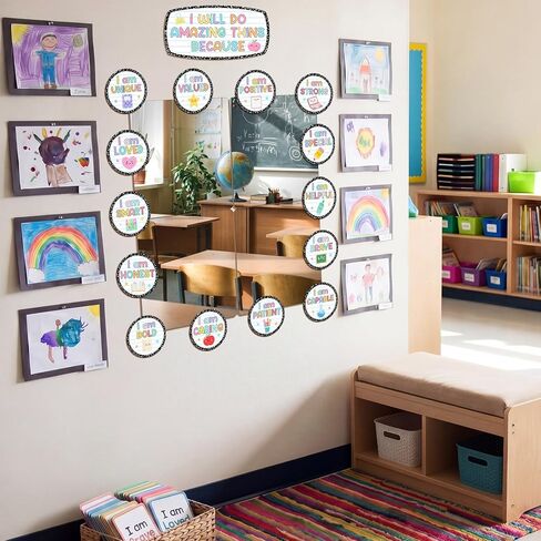 Yerliker Classroom Affirmation Station Set, 4 Pcs 8 "x 8" Self Adhesive Acrylic Mirrors Sticker Mirrors for Wall, 21 Pcs Positive Affirmation Cutouts for Classroom, Home Bulletin Board Posters Decor in Kuwait