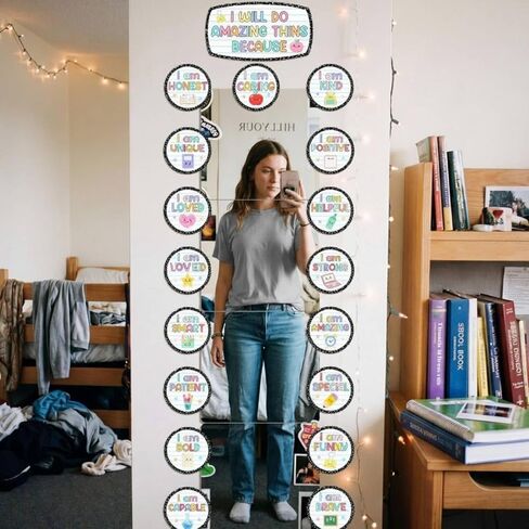 Yerliker Classroom Affirmation Station Set, 4 Pcs 8 "x 8" Self Adhesive Acrylic Mirrors Sticker Mirrors for Wall, 21 Pcs Positive Affirmation Cutouts for Classroom, Home Bulletin Board Posters Decor in Kuwait