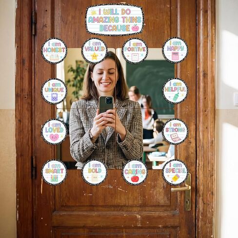 Yerliker Classroom Affirmation Station Set, 4 Pcs 8 "x 8" Self Adhesive Acrylic Mirrors Sticker Mirrors for Wall, 21 Pcs Positive Affirmation Cutouts for Classroom, Home Bulletin Board Posters Decor in Kuwait