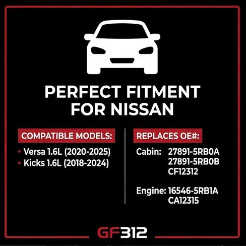 Cabin Engine Air Filter GF312 Compatible with Nissan Versa 2020-2025 Kicks 2018-2024 Replaces 27891-5RB0A 27891-5RB0B 27891-5RB0C 16546-5RB1A CA12315 in Kuwait