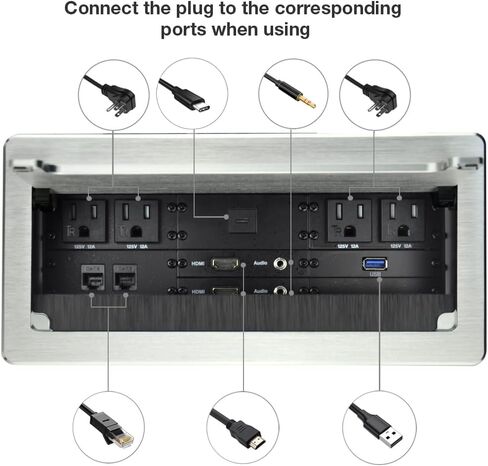 Tabletop Multimedia Connectivity Box with 4 Power Socket +2 USB Charger+1 HDMI+2 RJ45(CAT6) +2 Audio+1 VGA with 5.58ft Power Cord for Conference Room(Silver) in Kuwait