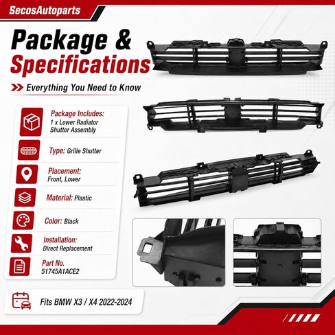 SecosAutoparts Lower Radiator Shutter Assembly Compatible with BMW X3 M40i/sDrive30i/xDrive30i 2022-2024# 51745A1ACE2 in Kuwait