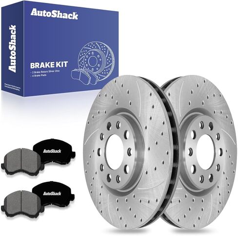 AutoShack Front Brake Rotors & Ceramic Pads for Chrysler, 200 2015-2017, AWD FWD L4 2.4L V6 3.6L - Coated Drilled & Slotted - Black Matte Finish - BlackShield - 12.01" (305 mm), 5+5-Lug in Kuwait