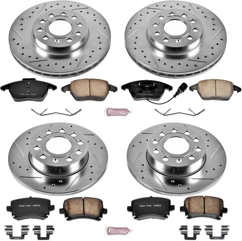 PowerStop Front and Rear Brake Kit for Volkswagen Jetta 2005-10 | Volkswagen Rabbit 2006-09 - Drilled and Slotted Disc Rotors with Carbon-Fiber Ceramic Brake Pads Replacement, K4068 in Kuwait
