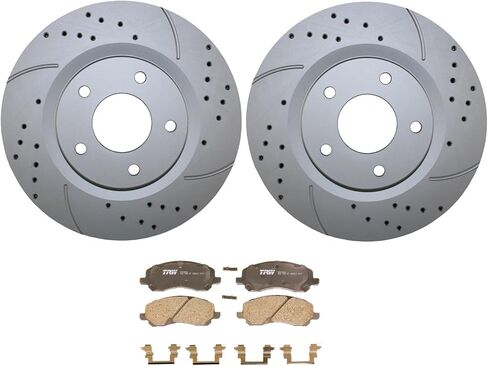 Drilled Slotted Coated Vented 294mm Disc Rotors and TRW Pro Ceramic Slotted Pad Set with Hardware Front Brake Kit For Chrysler 200 Sebring Dodge Avenger Caliber Jeep Compass Patriot in Kuwait