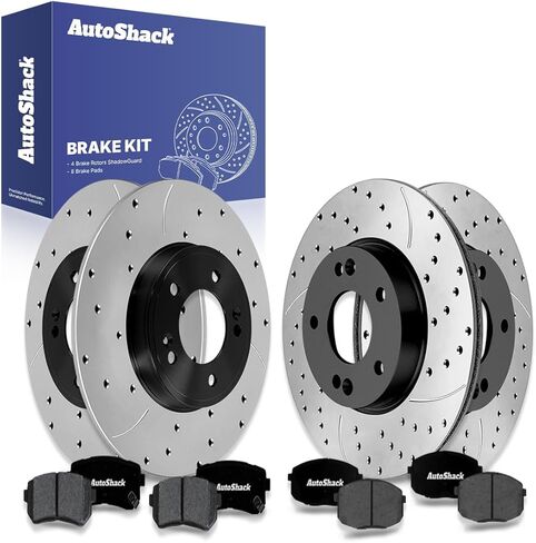 AutoShack Front & Rear Brake Rotors & Premium Pads for Hyundai & Kia, Kona 2018-2023 Seltos 2021-2022, FWD L4 1.6L 2.0L - E-Coated Drilled & Slotted - ShadowGuard in Kuwait