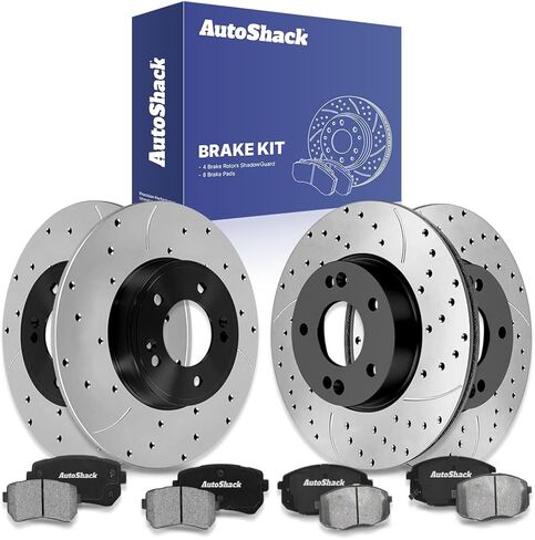 AutoShack Front & Rear Brake Rotors & Premium Pads for Hyundai & Kia, Kona 2018-2023 Seltos 2021-2022, FWD L4 1.6L 2.0L - E-Coated Drilled & Slotted - ShadowGuard in Kuwait