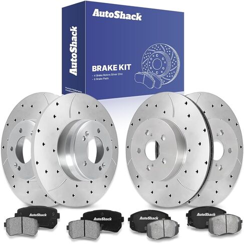AutoShack Front & Rear Brake Rotors & Premium Pads for Hyundai & Kia, Kona 2018-2023 Seltos 2021-2022, FWD L4 1.6L 2.0L - E-Coated Drilled & Slotted - ShadowGuard in Kuwait