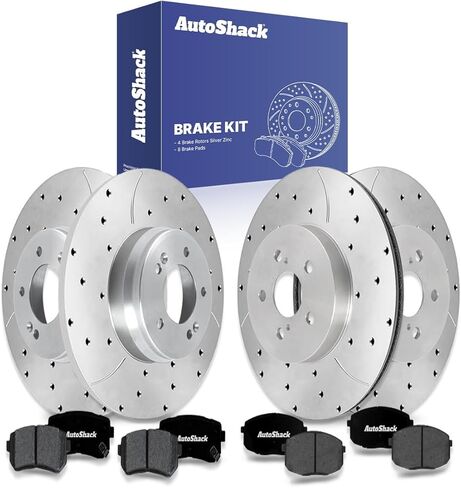 AutoShack Front & Rear Brake Rotors & Premium Pads for Hyundai & Kia, Kona 2018-2023 Seltos 2021-2022, FWD L4 1.6L 2.0L - E-Coated Drilled & Slotted - ShadowGuard in Kuwait