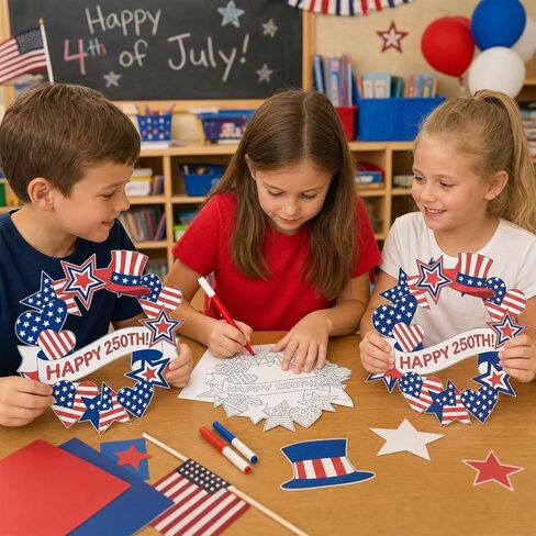 250th Anniversary Coloring Wreath Crafts, 24 Pcs Color Your Own 4th of July Patriotic Crafts, DIY Paper Wreath for Memorial Independence Day Activities Games Party Favor Supplies Painting Gifts in Kuwait