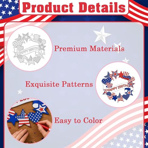 250th Anniversary Coloring Wreath Crafts, 24 Pcs Color Your Own 4th of July Patriotic Crafts, DIY Paper Wreath for Memorial Independence Day Activities Games Party Favor Supplies Painting Gifts in Kuwait