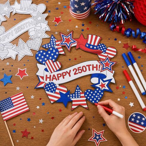 250th Anniversary Coloring Wreath Crafts, 24 Pcs Color Your Own 4th of July Patriotic Crafts, DIY Paper Wreath for Memorial Independence Day Activities Games Party Favor Supplies Painting Gifts in Kuwait