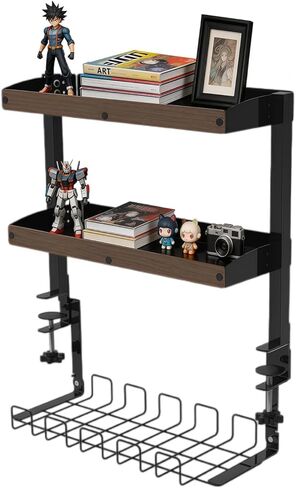 Clamp on Desk Shelf,17'' 2 Tier Office Desk Shelves Organizer with Under-Desk Hidden Storage Basket,Wood Desktop Supplies Storage Rack for Home Workspace, Study Rooms,Gaming Devices (Black) in Saudi Arabia
