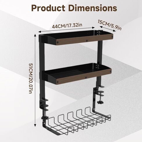 Clamp on Desk Shelf,17'' 2 Tier Office Desk Shelves Organizer with Under-Desk Hidden Storage Basket,Wood Desktop Supplies Storage Rack for Home Workspace, Study Rooms,Gaming Devices (Black) in Saudi Arabia