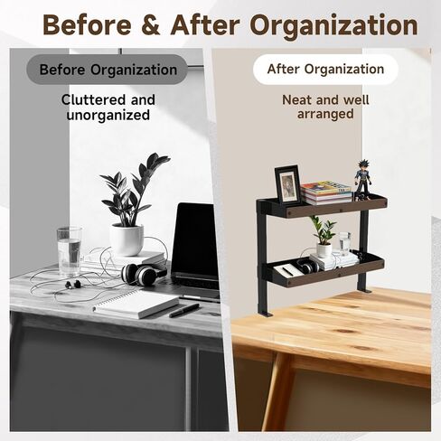 Clamp on Desk Shelf,17'' 2 Tier Office Desk Shelves Organizer with Under-Desk Hidden Storage Basket,Wood Desktop Supplies Storage Rack for Home Workspace, Study Rooms,Gaming Devices (Black) in Saudi Arabia