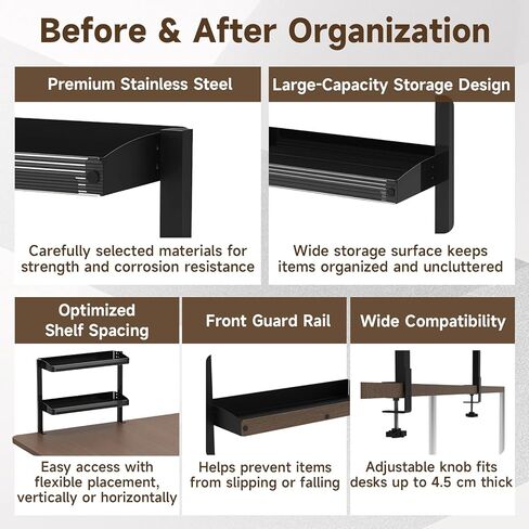 Clamp on Desk Shelf,17'' 2 Tier Office Desk Shelves Organizer with Under-Desk Hidden Storage Basket,Wood Desktop Supplies Storage Rack for Home Workspace, Study Rooms,Gaming Devices (Black) in Saudi Arabia