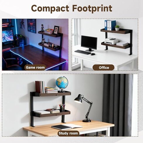 Clamp on Desk Shelf,17'' 2 Tier Office Desk Shelves Organizer with Under-Desk Hidden Storage Basket,Wood Desktop Supplies Storage Rack for Home Workspace, Study Rooms,Gaming Devices (Black) in Saudi Arabia