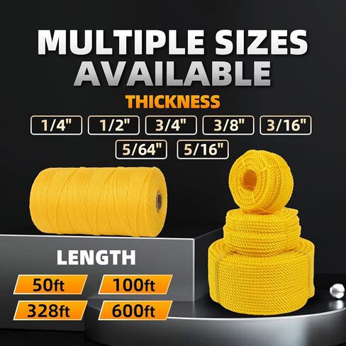 Polypropylene Rope - Bright Yellow, 1/4" x 100ft - All-Purpose Utility Rope for Marine, Outdoor, and DIY in Saudi Arabia