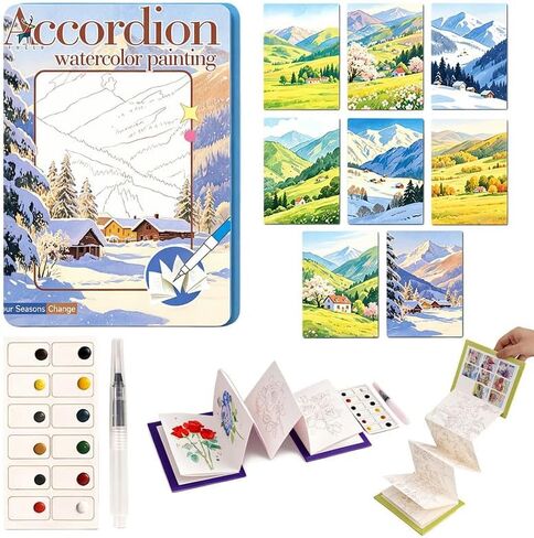 Watercolor Coloring Book for Adults with Paint, Portable Accordion Fold Pocket Watercolor Books, 8 Unique Mountain Line-Art Designs, All-in-One Stress Relief Art Kit for Beginners & Creatives in Saudi Arabia