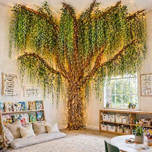 3D Willow Tree Ceiling Decor with Light, Back to School Classroom Tree Classroom Bulletin Board Decor, 36 PCS Kraft Paper Fake Vine for Hanging Bedroom Indoor Aesthetic Decoration in Saudi Arabia