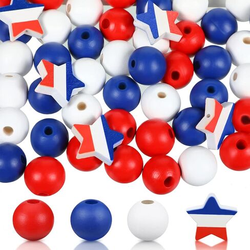Jetec 100 Pcs Patriotic Wood Beads 4th of July Natural Round Independence Day Wooden Craft Bead Red Blue and White American Spacer DIY Star Jewelry for Patriotic Garland Party 250th Anniversary Decor in Kuwait