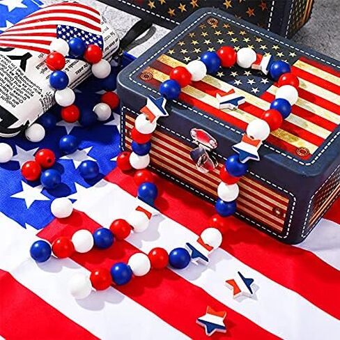 Jetec 100 Pcs Patriotic Wood Beads 4th of July Natural Round Independence Day Wooden Craft Bead Red Blue and White American Spacer DIY Star Jewelry for Patriotic Garland Party 250th Anniversary Decor in Kuwait