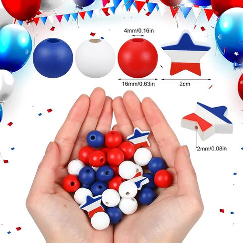Jetec 100 Pcs Patriotic Wood Beads 4th of July Natural Round Independence Day Wooden Craft Bead Red Blue and White American Spacer DIY Star Jewelry for Patriotic Garland Party 250th Anniversary Decor in Kuwait