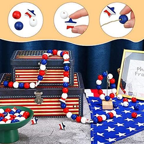 Jetec 100 Pcs Patriotic Wood Beads 4th of July Natural Round Independence Day Wooden Craft Bead Red Blue and White American Spacer DIY Star Jewelry for Patriotic Garland Party 250th Anniversary Decor in Kuwait