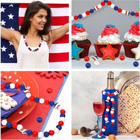 Jetec 100 Pcs Patriotic Wood Beads 4th of July Natural Round Independence Day Wooden Craft Bead Red Blue and White American Spacer DIY Star Jewelry for Patriotic Garland Party 250th Anniversary Decor in Kuwait