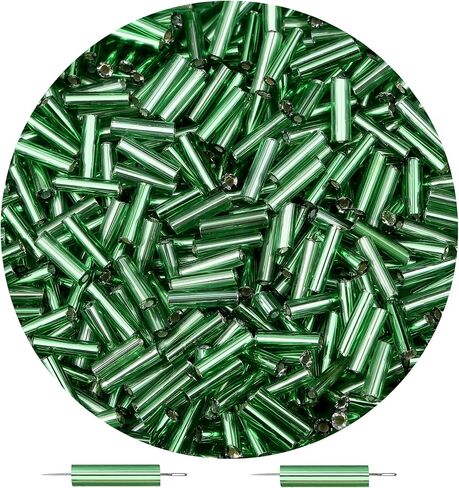 3000PC Green Glass Bugle Beads, 6MM Green Tube Beads with 2PC Beading Needles, 0.8MM Hole, Long Beads for Jewelry Making, Embroidery, DIY Craft Supplies in Saudi Arabia