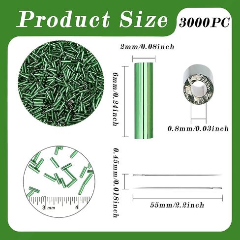 3000PC Green Glass Bugle Beads, 6MM Green Tube Beads with 2PC Beading Needles, 0.8MM Hole, Long Beads for Jewelry Making, Embroidery, DIY Craft Supplies in Saudi Arabia