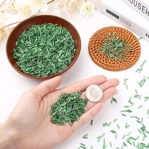3000PC Green Glass Bugle Beads, 6MM Green Tube Beads with 2PC Beading Needles, 0.8MM Hole, Long Beads for Jewelry Making, Embroidery, DIY Craft Supplies in Saudi Arabia