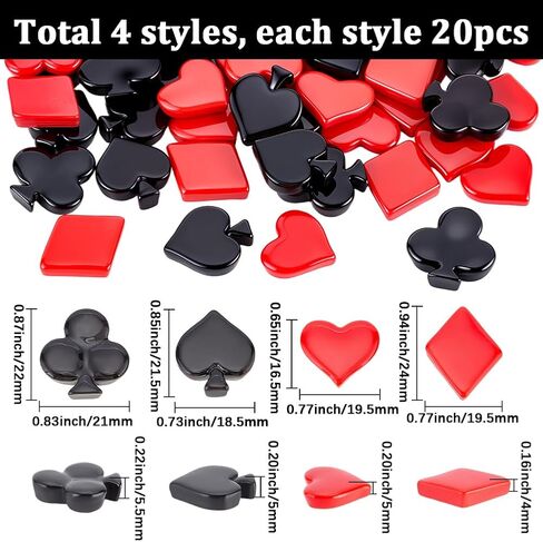 SUNNYCLUE 1 Box 80Pcs 4 Styles Poker Themed Charm Resin Cabochons Flatback Bulk Black Red Square Heart Flower 3D Poker Cabochon for Jewelry Making Decoration DIY Crafting Scrapbooking Embellishments in Kuwait