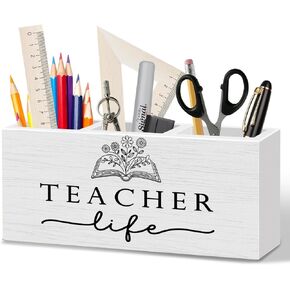 WODMIS Teacher Life Pen Pencil Holder for Desk, Teacher Appreciation Gifts, End of Year Teachers Gifts Wooden Box Organizer Decorations for School Office Classroom Desk Accessories Tabletop in Kuwait