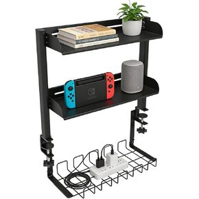 Clamp on Desk Shelf,3 Tier Desktop Organizer,Adjustable Clamp on Desk Top Organizer with Under Desk Hidden Storage Basket&Hooks,No Drilling Desk Clamp Storage Shelves for Working Gaming Accessories in Saudi Arabia